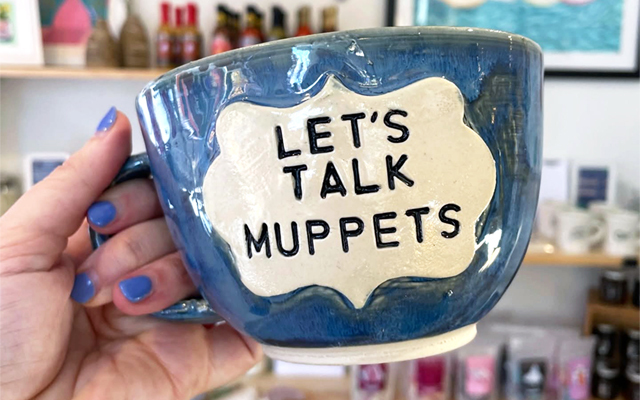 Blue mug with "Let's Talk Muppets" lettering