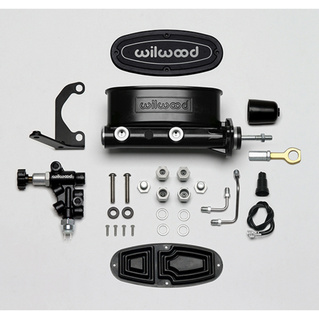 Wilwood For Mustang Master Cylinder Kit HV Tandem w/ L/H Bracket & Prop Valve | 15/16 Inches Bore Black - W/ Pushrod - Early (TLX-wil261-14158-BK-CL360A70)