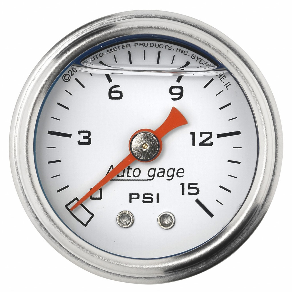 AutoMeter Fuel Pressure Gauge 1.5in Liquid Filled Mechanical 0-15 PSI - White | AutoGage (TLX-atm2175-CL360A70)
