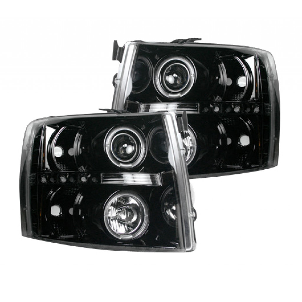 Recon Projector Headlights For Chevy Silverado 2007-2013 Driver and Passenger Side | Pair | w/CCFL Halos & DRL | Smoked/Black