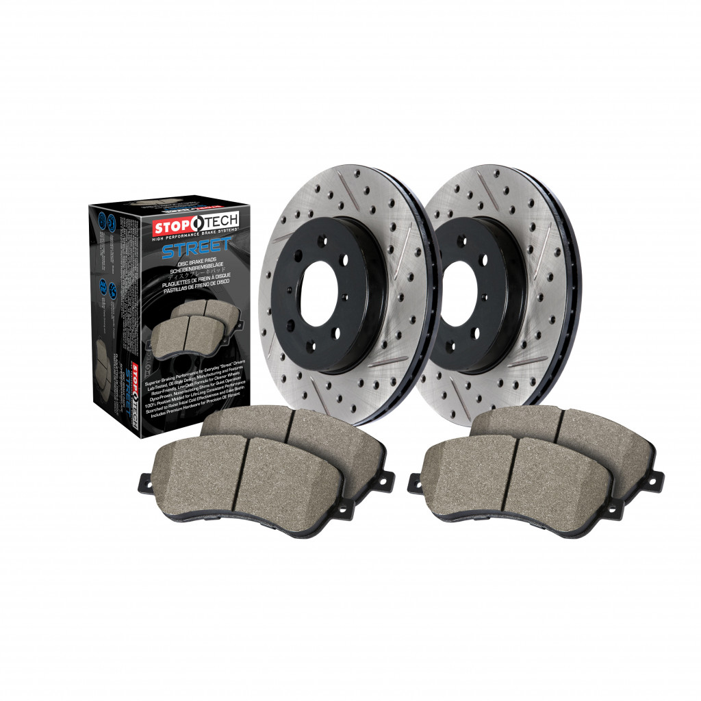 StopTech For Porsche Macan 2015-2020 Axle Pack Rear Rotors + Pads Package | 2x Drilled & Slotted Brake Rotor Rear & 1x Street Brake Pads, Sold as Kit (TLX-sto938.33521-CL360A75)