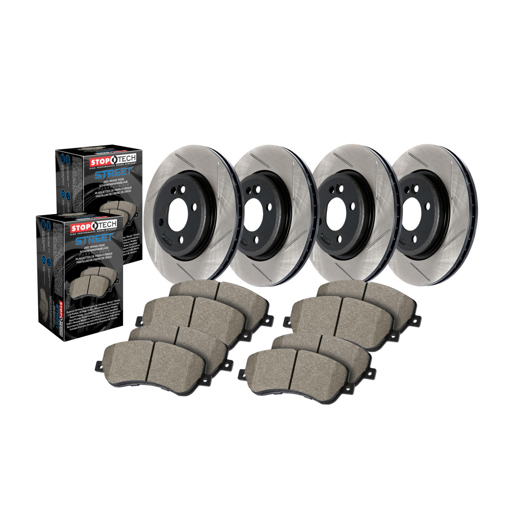 StopTech For Cadillac XTS 2013-2019 Front & Rear Brake Rotors & Brake Pads | 2 x Street Brake Pads - Front, 2 x Sport Slotted Brake Rotor - Front Left, 2 x Sport Slotted Brake Rotor - Front Right, Sold As Kit (TLX-sto934.66043-CL360A83)