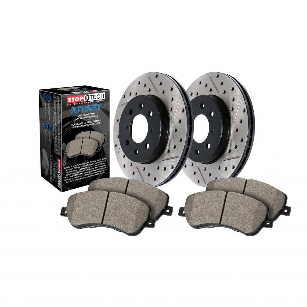 StopTech For Dodge Magnum 2005-2008 Axle Pack Rear Rotor + Rear Pads Package | 2 x Sport Drilled/Slotted Brake Rotor - Rear Left and Right, 1 x Street Brake Pads, Sold As Kit (TLX-sto938.63509-CL360A73)