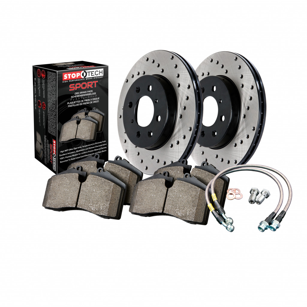 StopTech For Honda Civic 2012-2015Axle Pack Front Rotors + Pads Package | 1x Brake Pads Sport w/Shims and Hardware - Front, 2x Drilled Rotor - Front Left and Right, 1x Stainless Steel Front Brake Lines, Sold as a Kit (TLX-sto979.40030F-CL360A70)