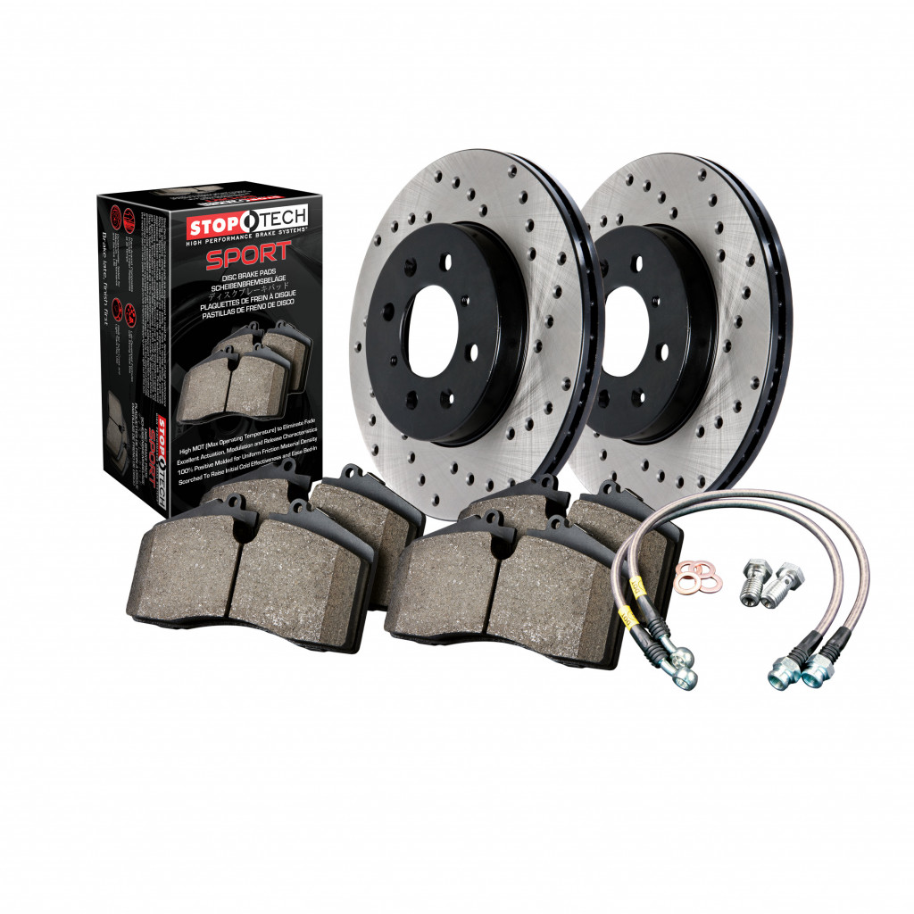 StopTech For BMW 330i/335i/340i xDrive 13-17 Axle Pack Rear Rotor + Pads Package | 1x Brake Lines - Rear, 2x Drilled Vented Brake Rotor - Rear Left and Right, 1x Performance Brake Pads - Rear, Sold as a Kit (TLX-sto979.34078R-CL360A71)