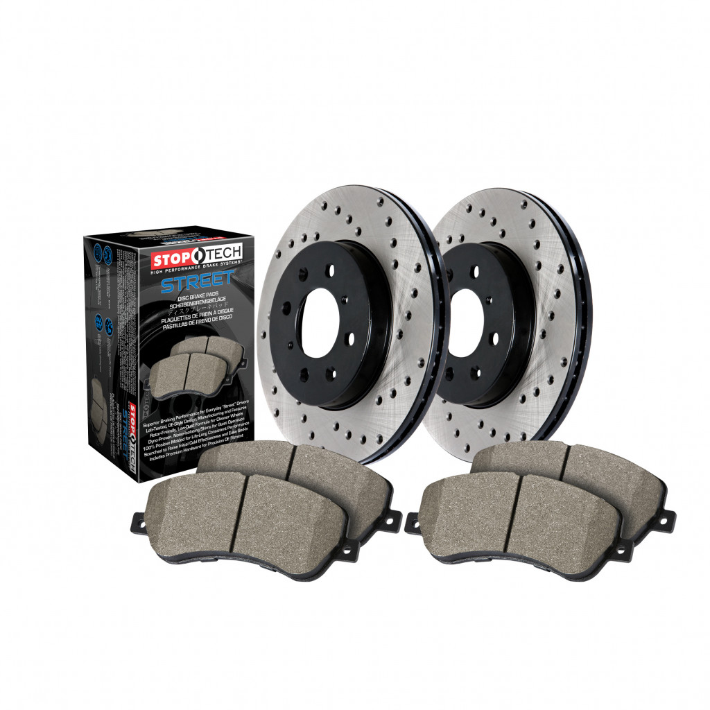 StopTech For BMW 335i 07-13 Axle Pack Front Left & Right Rotors & Front Pads Pck | 2x Cross Drilled Rotor - Front Left and Right, 1x Street Touring Brake Pads - Front (TLX-sto939.34011-CL360A70)