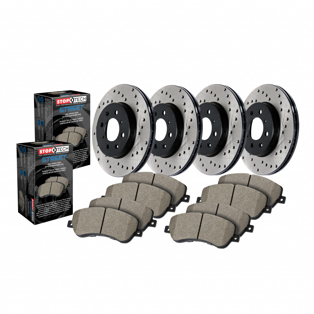 StopTech For BMW 535i 2011-2013 Rear R/L Brake Rotor & Front/Rear Brake Pads | 2x Street Brake Pads w/Shims - Front & Rear, 4x Drilled Sport Brake Rotor - Rear Left/Right, Sold As Kit (TLX-sto936.34094-CL360A70)