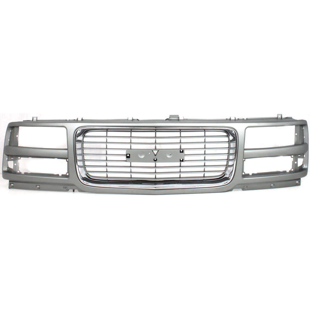 For GMC Savana 1500 / 2500 / 3500 Grille Assembly 1996-2002 | Painted Gray Shell & Insert | w/ Chrome Insert Opn'g Mldg | w/ Composite HL | Base/SL/SLE Model Plastic | GM1200528 | 15037244 (CLX-M0-USA-G070114-CL360A70)