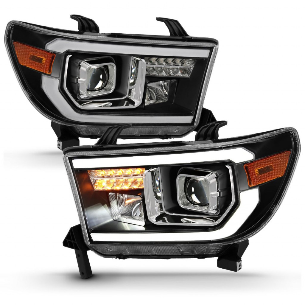 ANZO For Toyota Tundra 2007-2014 Projector Headlights Light Bar H.L Amber Black | Led High Beam, Halogen Version (TLX-anz111447-CL360A70)
