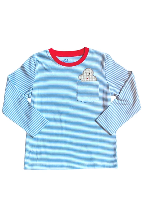 Blue and white stripe long sleeve t-shirt with red neck binding and gingham gingerbread man pocket detail.