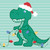 green gingham dinosaur applique on green and white stripe long sleeve shirt with red neck trim. Dinosaur is holding embroidered Christmas lights