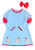 blue stripe knit dress with red trim and elbow patches. Appliqué gingham gingerbread girls with red bows.
