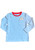 Blue and white stripe long sleeve t-shirt with red neck binding and gingham gingerbread man pocket detail.
