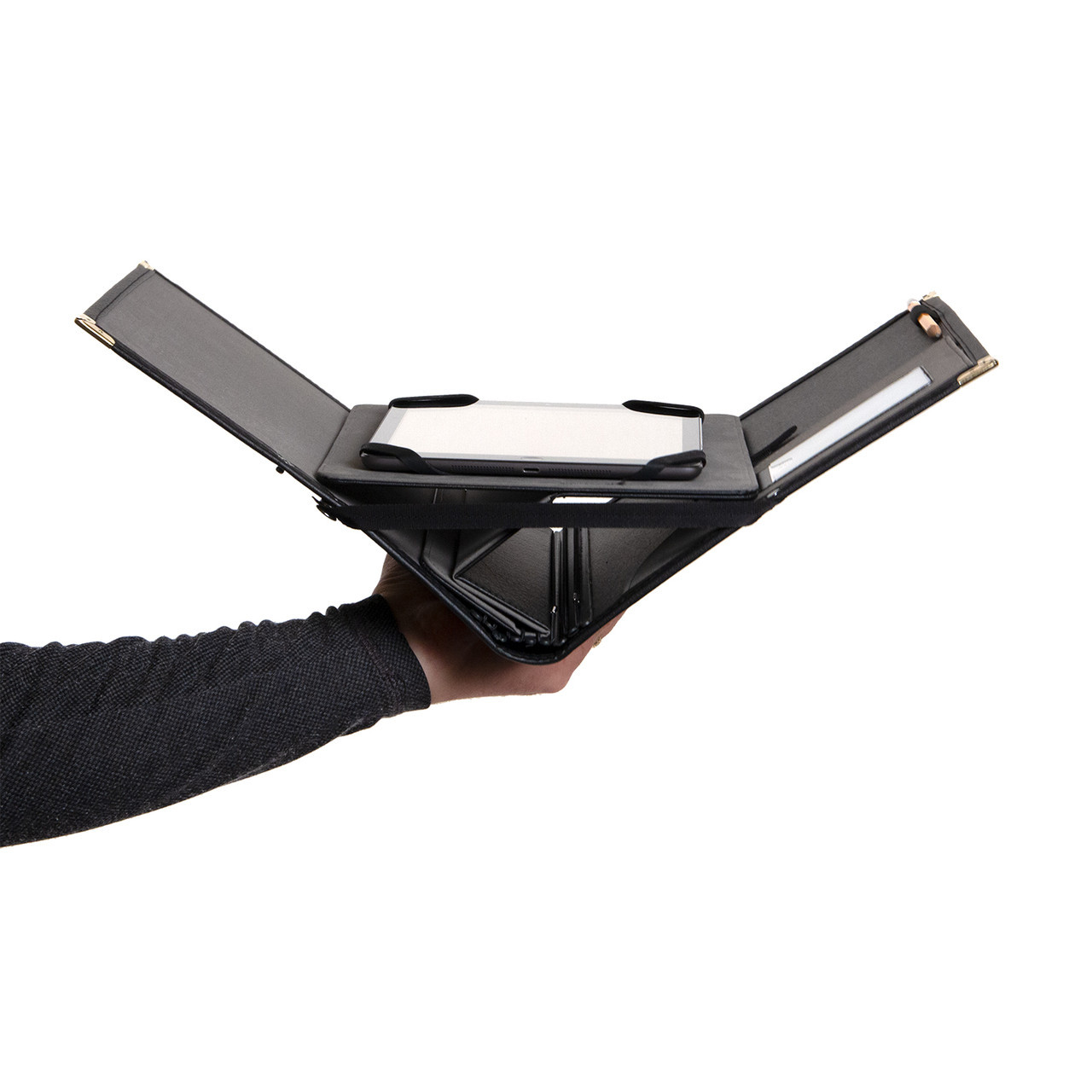 Mechanism holds tablet stable and secure