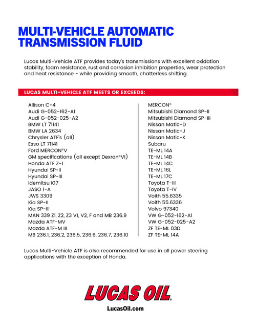 Lucas Oil 10418 Semi-Synthetic Multi-Vehicle Automatic Transmission Fluid, 1 Quart