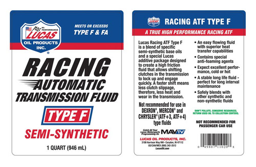 Lucas Oil 11020 Semi-Synthetic Racing ATF Type F, 1 Quart