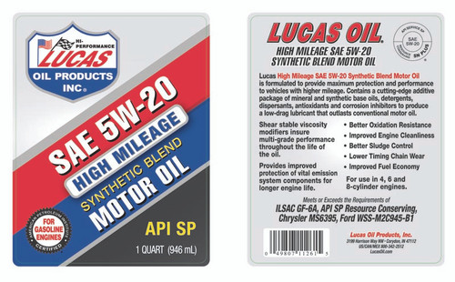 Lucas Oil 11261 Synthetic Blend High Mileage SAE 5w-20 Motor Oil API SP, 1 Quart