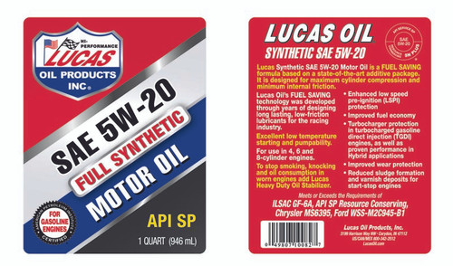 Lucas Oil 10082 Synthetic SAE 5W-20 Motor Oil API SP, 1 Quart