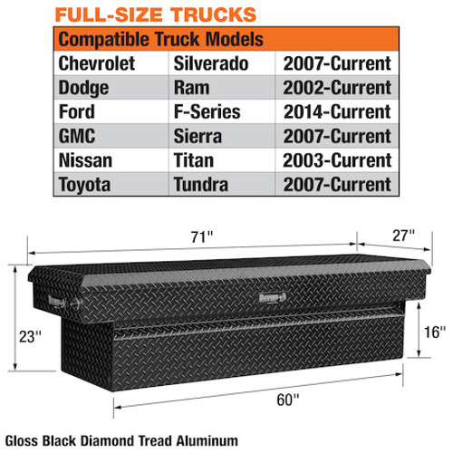 1729450F - 23x27x71 Inch Gloss Black Diamond Tread Aluminum Crossover Truck Box, Keyed Alike For Fleets