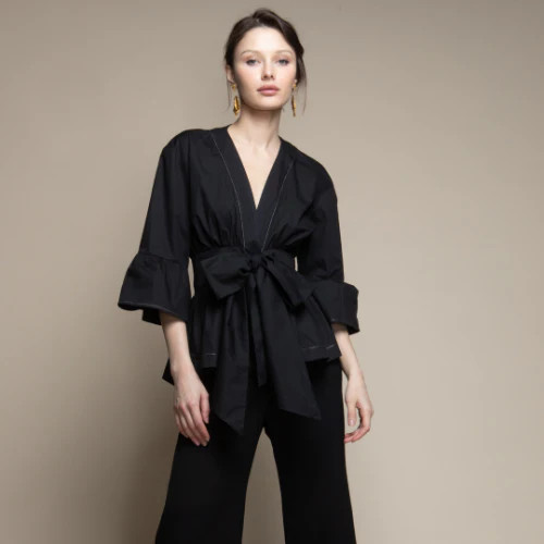 LEAH POPLIN WRAP BLOUSE - BLACK, WHITE