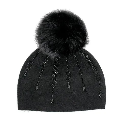 BEADED KNIT BEANIE WITH FOX POM