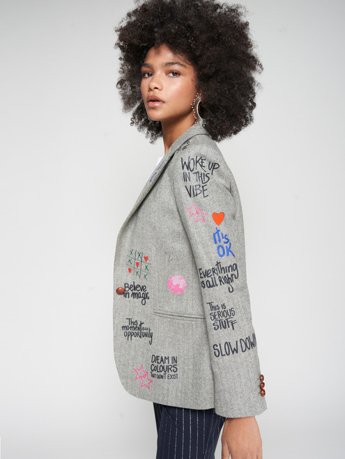 GRAY HERRINGBONE BLAZER WITH GRAFFITI