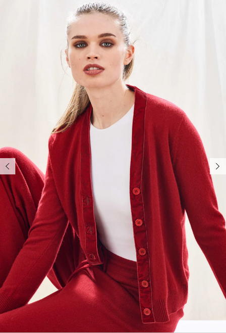 VELVET TRIM RED CASHMERE CARDIGAN VELVET TRIM RED CASHMERE CARDIGAN