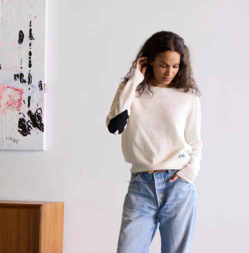 PATCHWORK CASHMERE PULLOVER IN NATURAL WITH HEART PATCHWORK CASHMERE PULLOVER IN NATURAL WITH HEART