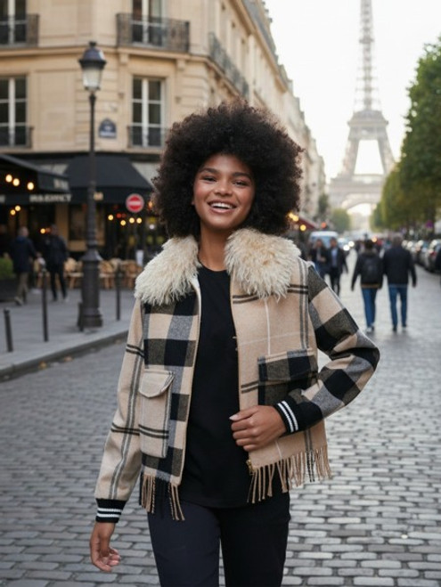 PLAID BOMBER WITH FUR COLLAR