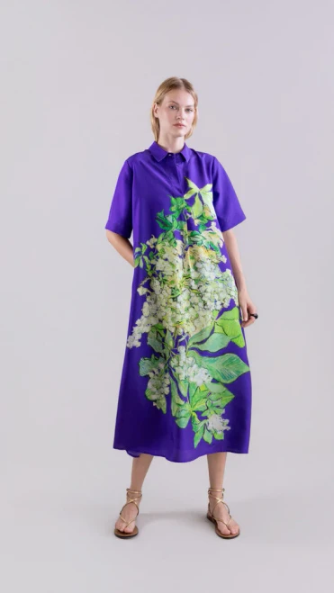 HYDRANGEA WATERCOLOR PRINT SILK DRESS