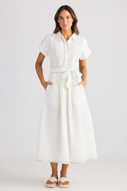 CORDELIA LINEN DRESS WITH BLUE STITCH BELTED