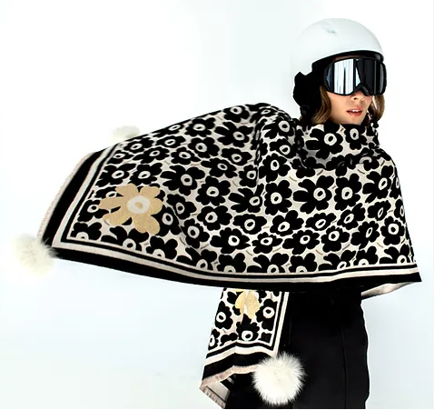 MODERN BLACK FLORAL PRINT with FOX FUR