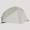 A Sierra Designs Meteor 4 Tent set up with the rain fly completely on and the vestibule extended