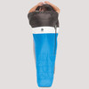 Sierra Designs Synthesis 35 sleeping bag, black/blue, front view, fully closed, with man sleeping on his stomach