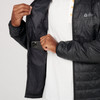 Close up of man wearing Sierra Designs Men's Tuolumne Sweater, showing interior storage pocket