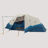 Sierra Designs Aspen Meadow 8 tent, blue/white, front view, with fly attached and fly door supported by poles to create an awning