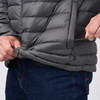 Close up of man tightening the Sierra Designs Men's Whitney Down Hoodie, Gun Metal