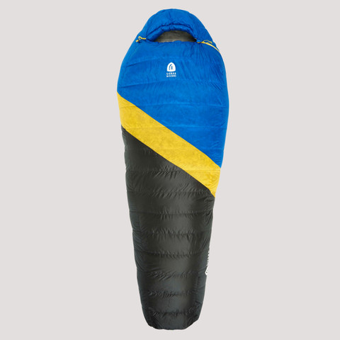 Sierra Designs Nitro 35 sleeping bag, blue/black with yellow stripe, front view, fully closed Sierra Designs Nitro 35 sleeping bag, blue/black with yellow stripe, front view, fully closed