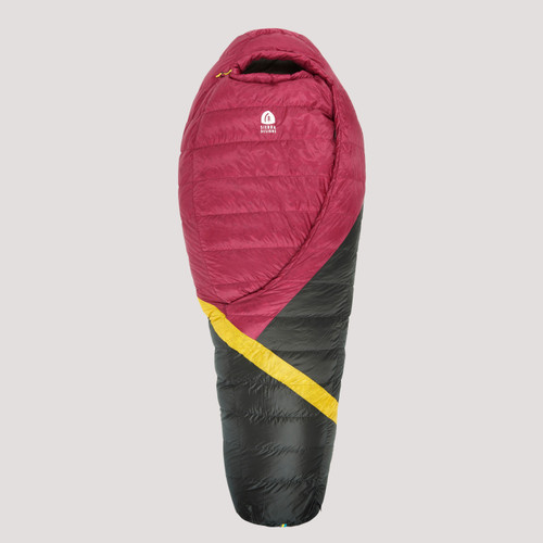 Sierra Designs Women's Cloud 20 sleeping bag, pink/black with yellow stripe, front view, fully closed