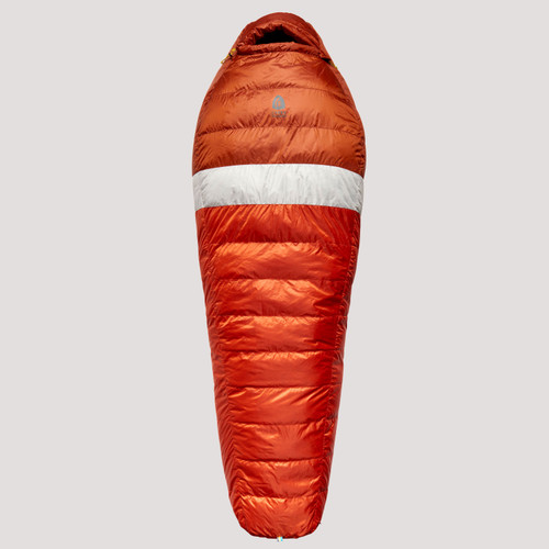 Sierra Designs Get Down 35 Sleeping Bag, red with white stripe, front view, fully closed