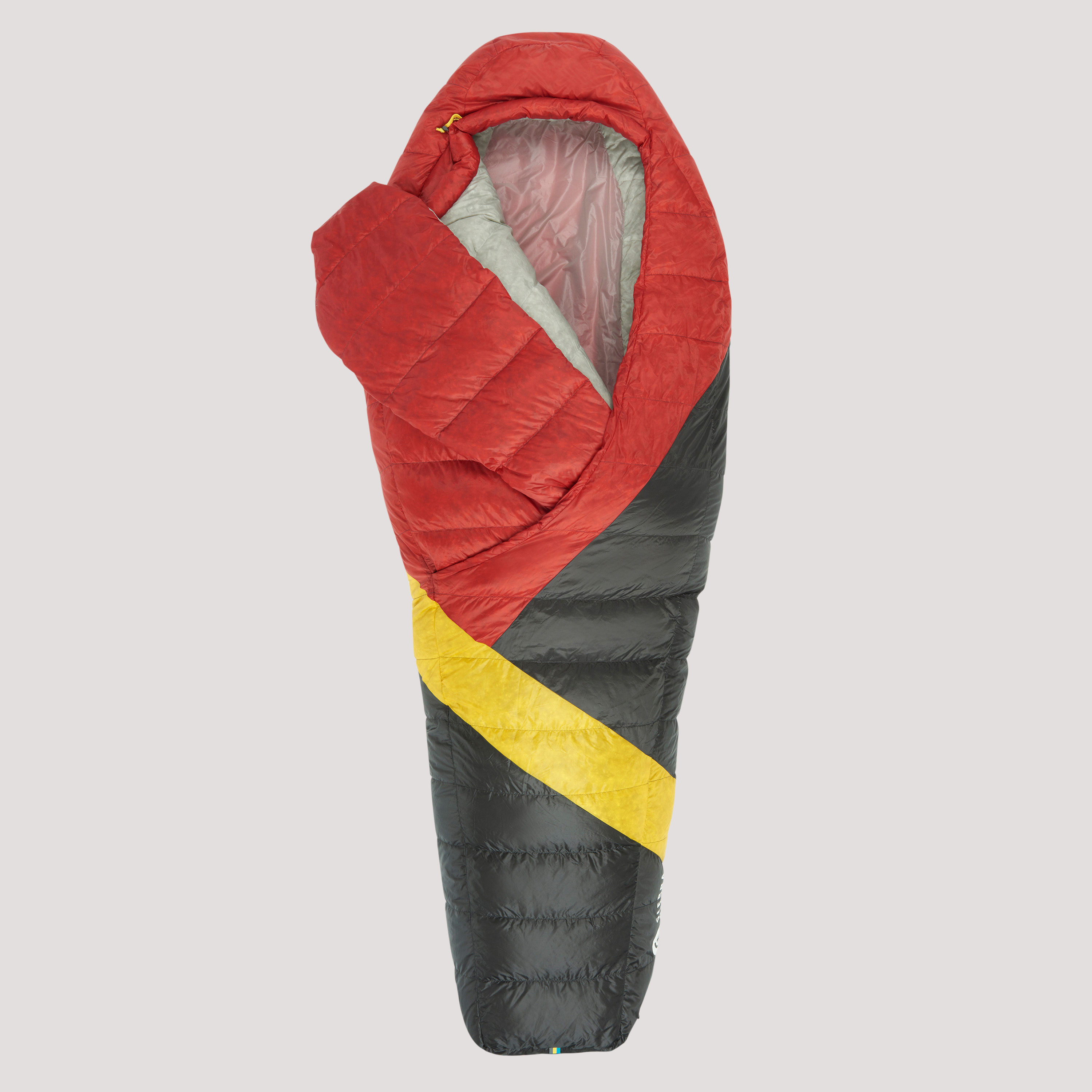Sierra Designs Cloud 20 sleeping bag, red/black, top view, partially opened