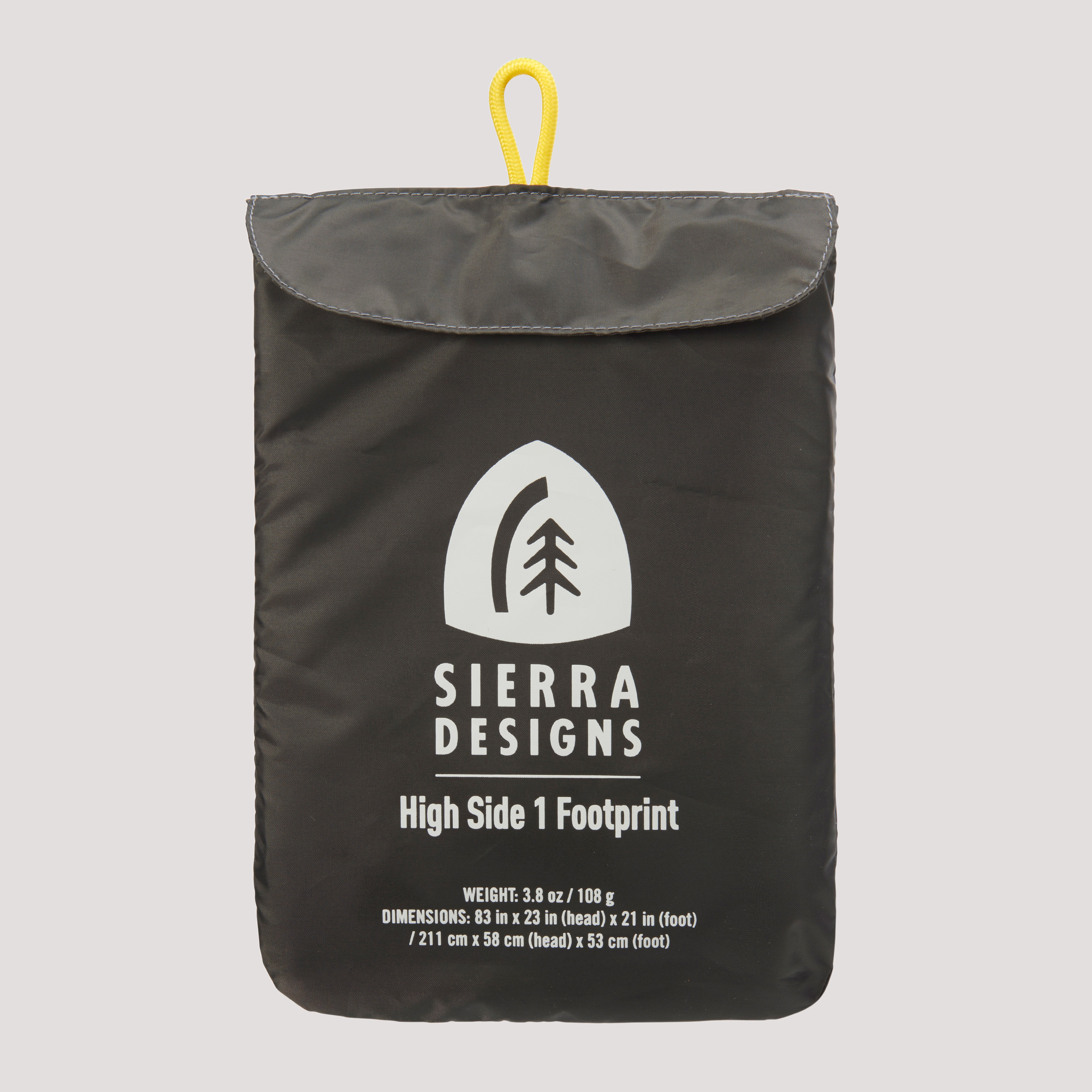 Sierra Designs High Side 1 Footprint in the storage bag showing the Sierra Designs logo, High Side 1 Footprint text, and dimensions and weight text