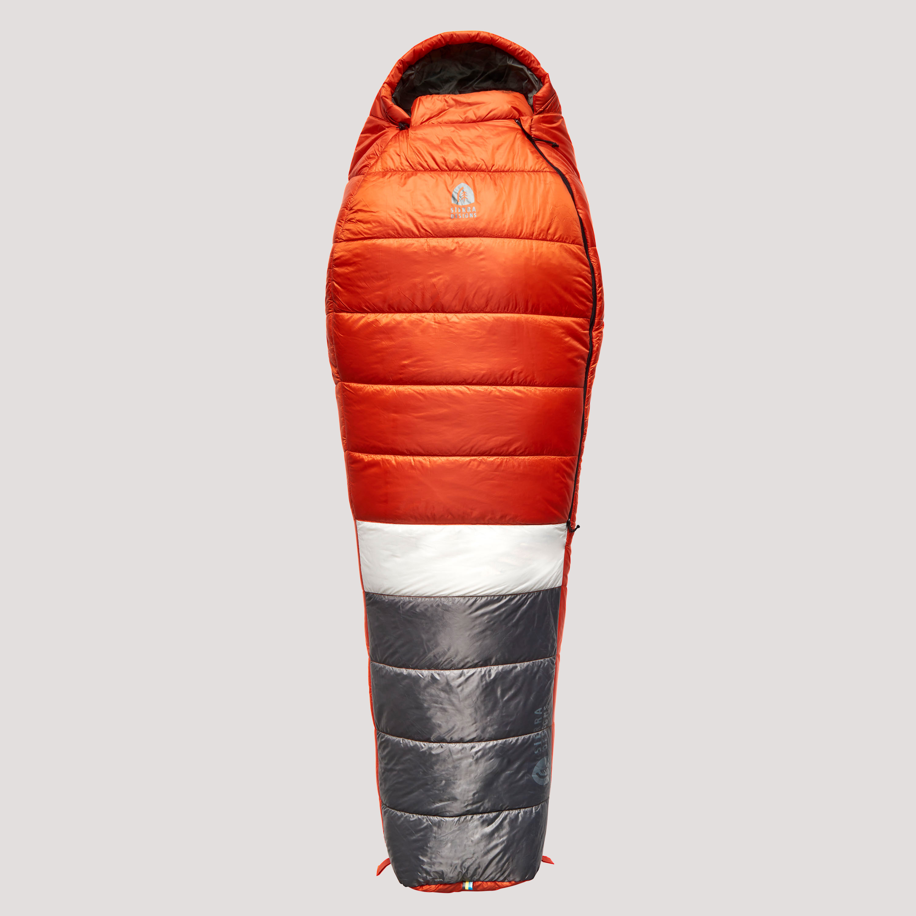Sierra Designs Women's Shut Eye 20 sleeping bag, red/gray with white stripe, front view, fully closed