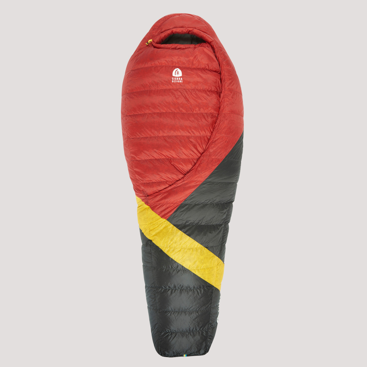 Sierra Designs Cloud 20 sleeping bag, red/black, top view, partially opened