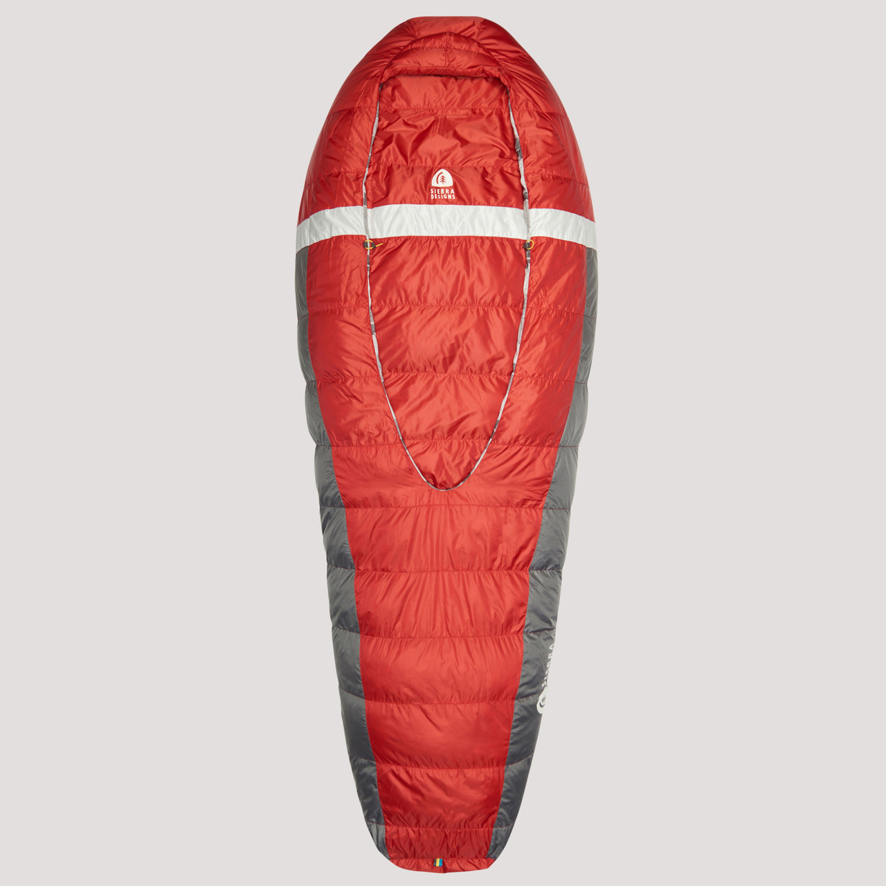 Sierra Designs Backcountry Bed 20 Duo sleeping bag, red, front view, with comforter folded out