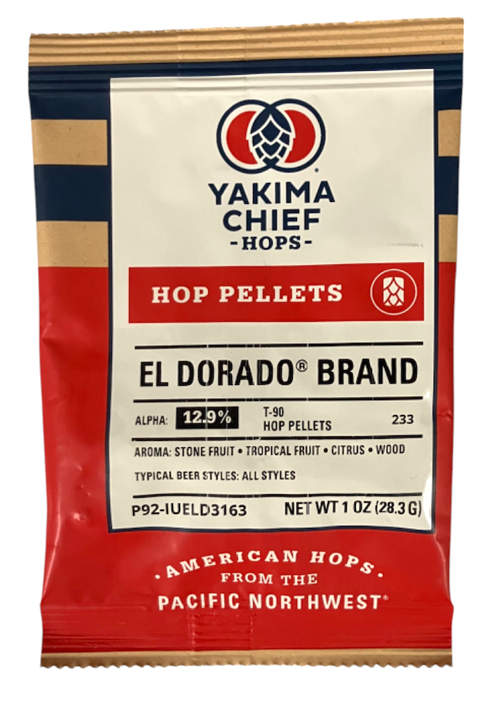 El Dorado Hop Pellets in 1 ounce package, front view