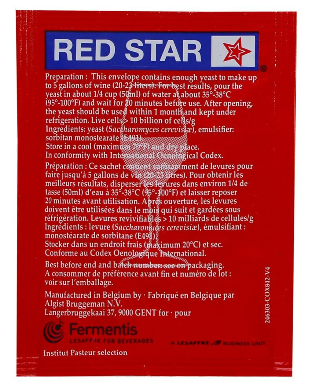 Red Star Premier Rouge Wine Yeast 5g package, back