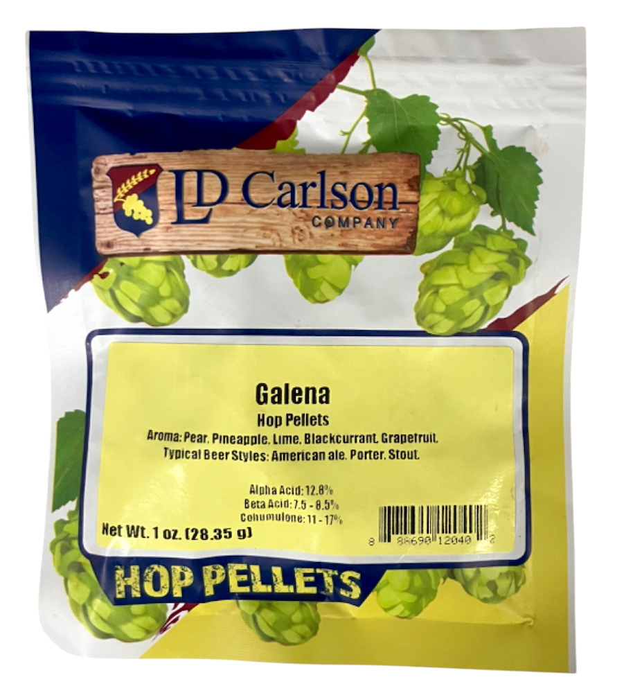 Galena Hop Pellets in 1 ounce package, front view