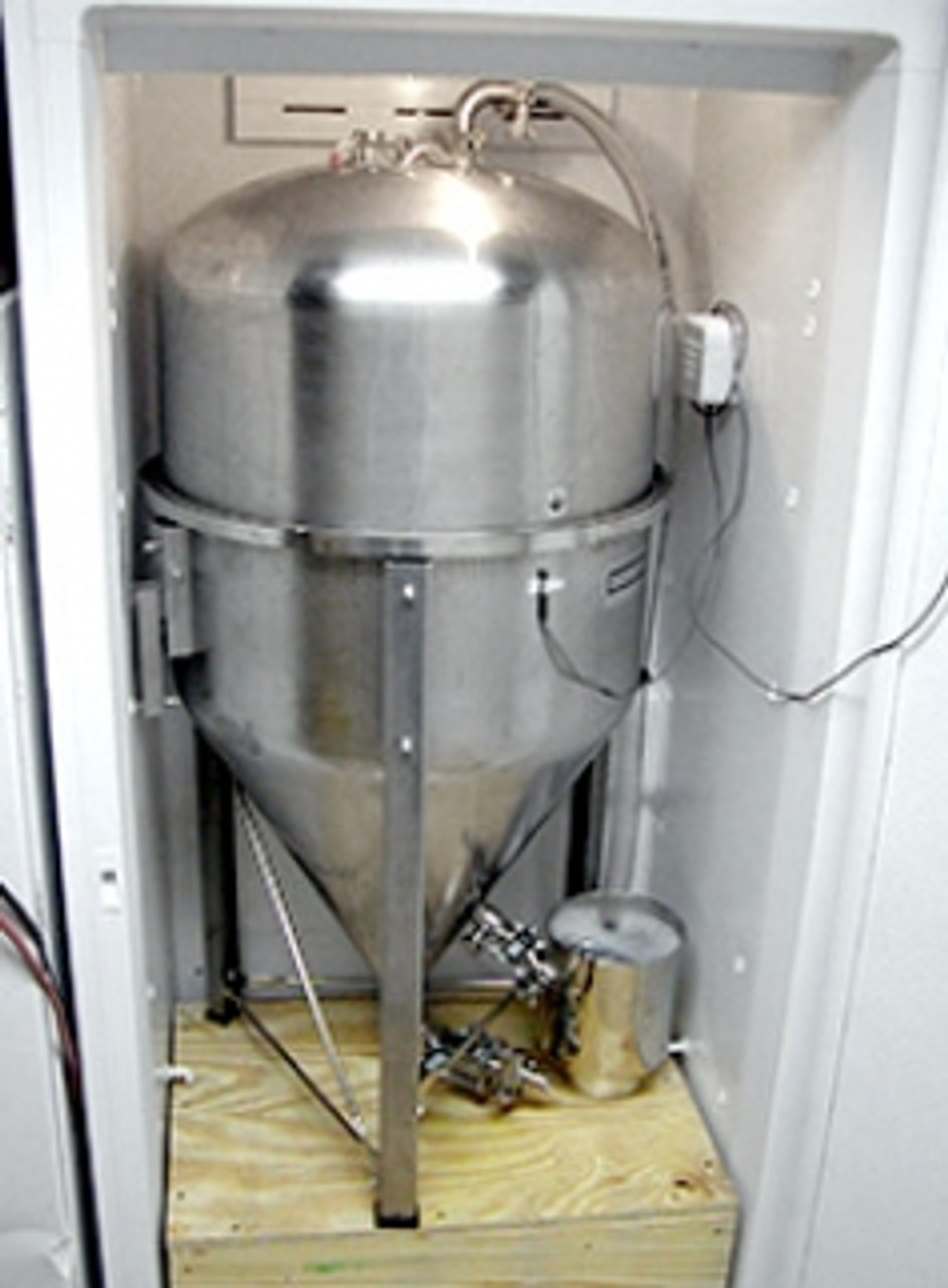 14 Gallon Conical Fermentor with Tri-clamp Fittings in Refrigerator