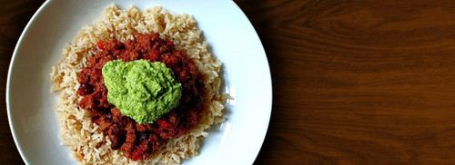 Chilli con carne, wholegrain rice and homemade spinach hummus